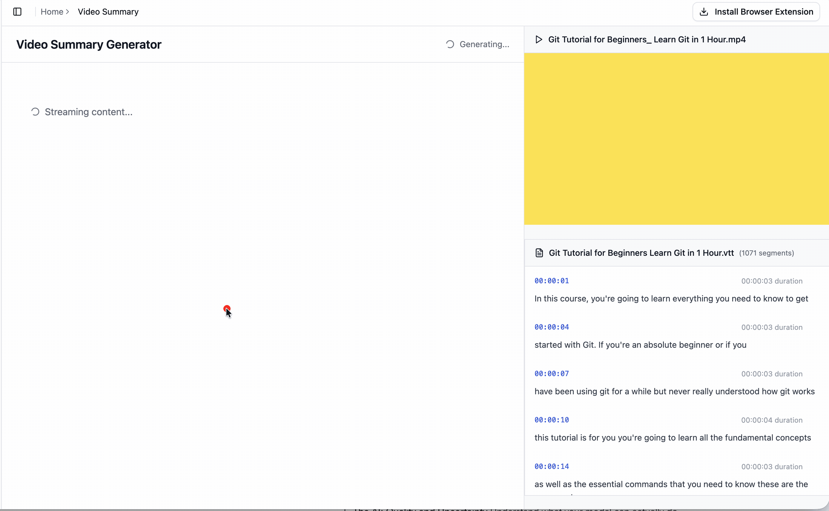The UI shows AI transforming a YouTube tutorial into a structured document in real time Content streaming UI: document generation in progress, based on this source video