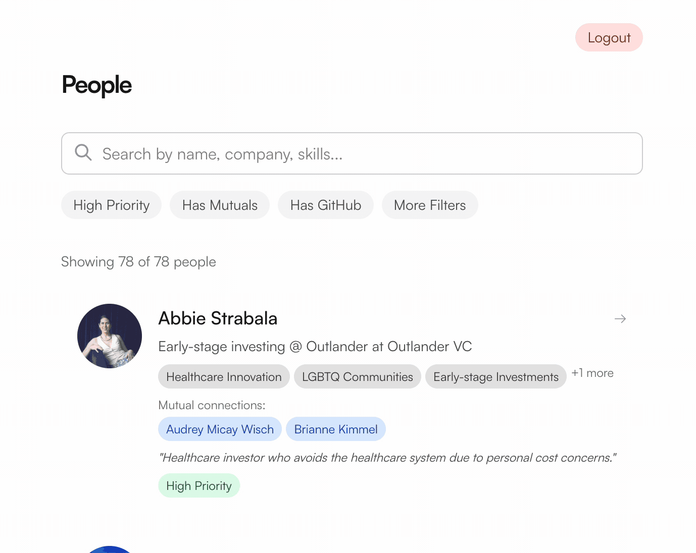 UI showing attendee cards with enriched LinkedIn data